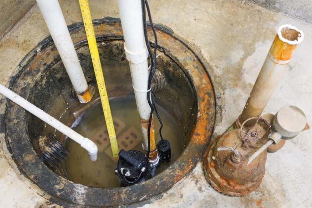 interior of a concrete sump pit with a submersible pump and PVC discharge lines
